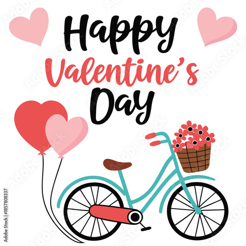 a charming valentine s day scene featuring hearts a bicycle with flowers and balloons a delightful silhouette