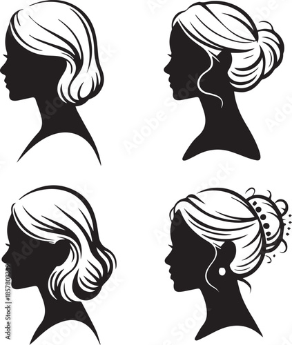 Set of elegant female profile silhouettes with vintage hairstyles, minimalist vector illustrations of woman hair bun and wavy bob
