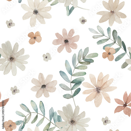 Wallpaper Mural Watercolor seamless pattern with eucalyptus branches and flowers . Hand drawn illustration on white background Torontodigital.ca