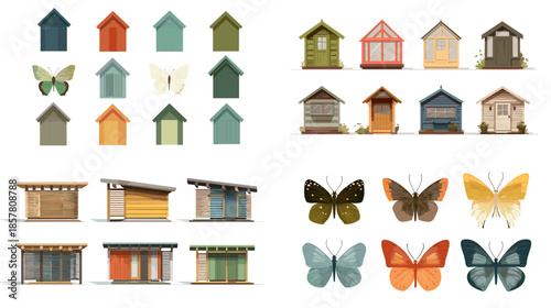Illustration set of small houses cabins and colorful butterflies arranged as decorative elements suitable for nature themes countryside scenes and whimsical design projects