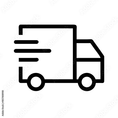 Black and white icon of delivery truck with motion lines, symbolizing shipping, logistics, or express delivery
