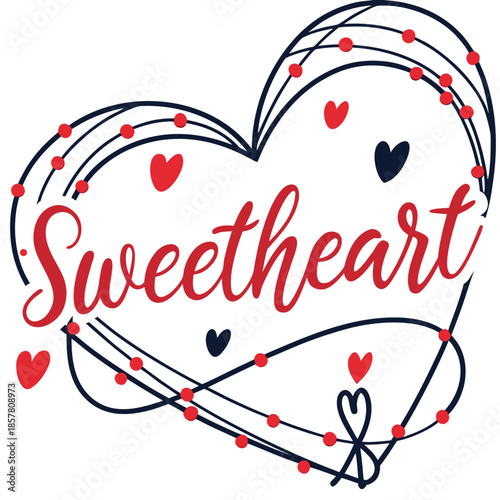 A decorative heart shape featuring the word sweetheart adorned with smaller hearts and flowing lines silhouette