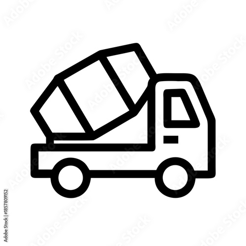 Black and white cement mixer truck icon in profile view, ideal for construction, transport, and industrial UI design.