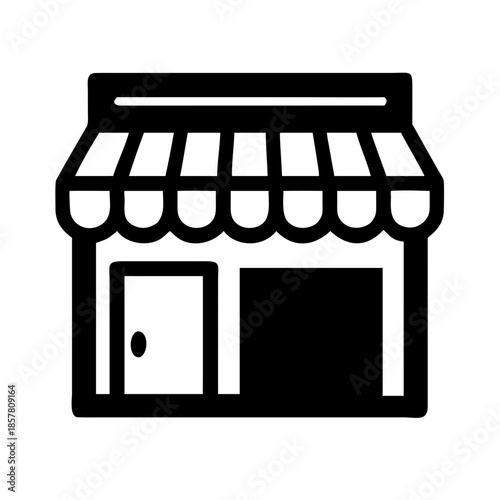 Black and white storefront icon with striped awning and door, ideal for retail, commerce, and business UI design.