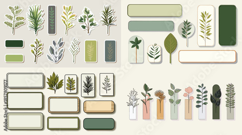 Collection of botanical plants leaves and decorative labels arranged as natural design elements suitable for branding packaging stationery and modern eco themed illustrations