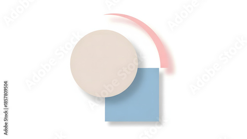 Abstract Geometric Composition: An artistic arrangement of a circle, square, and curved shape in soft pastel colors, creating a balanced and visually pleasing minimalist design.
