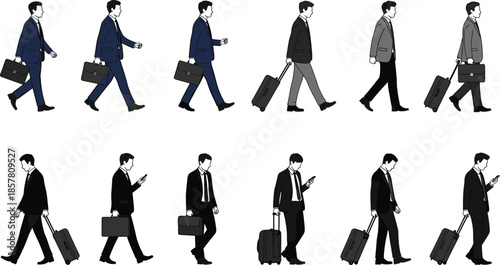 Businessman walking poses set with suitcase and luggage professional male people illustration vector design isolated corporate travel concept