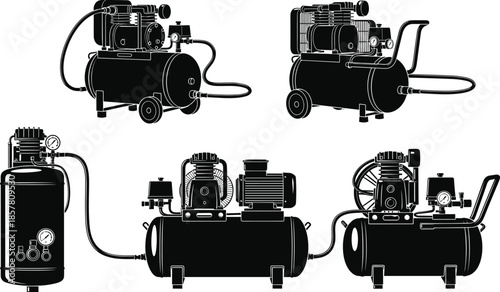 Air compressor machine illustration set industrial equipment silhouette vector design isolated workshop garage pneumatic power tools concept