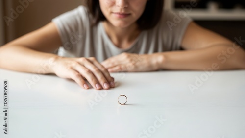 Woman sitting alone with wedding ring on table, feeling contemplative  