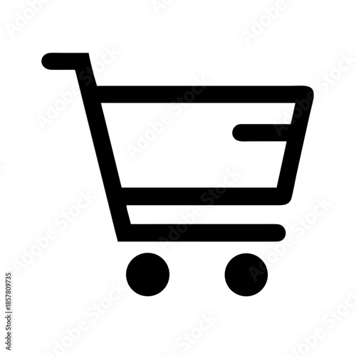 Black and white shopping cart icon with basket and wheels, ideal for e-commerce, retail, and digital UI design.