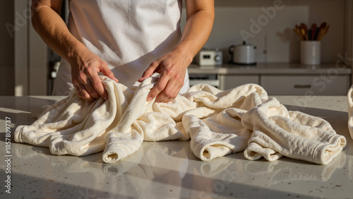 Woman folding wrinkled laundry on countertop in spacious kitchen  