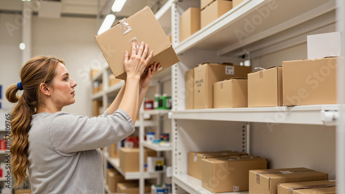Woman lifting box from shelf in storage area while organizing items  