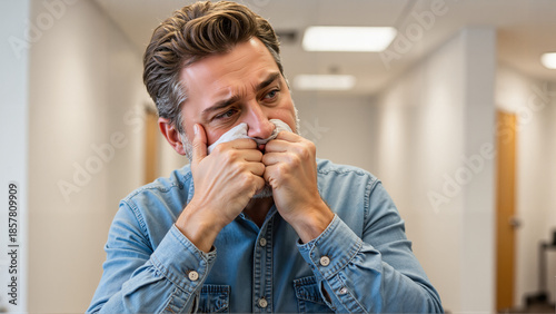 Man feeling unwell and holding tissue to face in office setting  