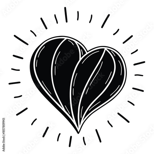 A striking black heart design encircled by radiating lines creating a bold and symbolic graphic representation silhouette