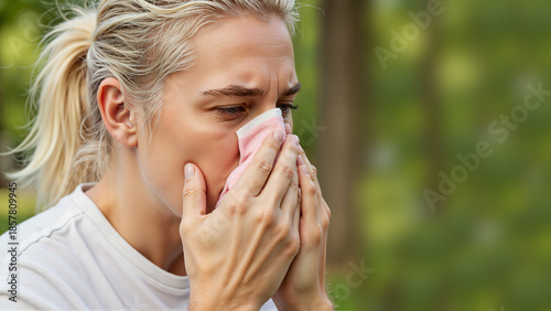 Young woman sneezing while holding a tissue outdoors in summer  