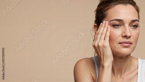 Woman holding her head with discomfort, feeling headache on beige background  