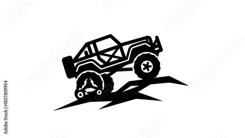 Black and white illustration of a rugged off road vehicle climbing a steep incline.