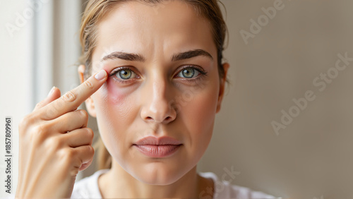 Woman applying cream to irritated eye after irritation
