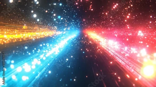A vibrant, dynamic abstract design with radiant light trails and shimmering particles.