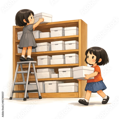 Two young girls organizing white boxes on a wooden shelving unit