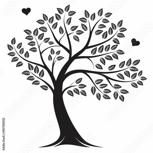 a detailed illustration of a leafy tree with two heart shapes adorning its branches a beautiful silhouette