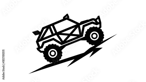 Off-road vehicle climbing a steep incline black and white illustration.