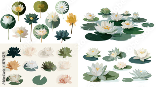 Illustration of water lilies and lotus flowers floating on pond leaves ideal for botanical art nature themes spa wellness designs and tranquil landscape compositions