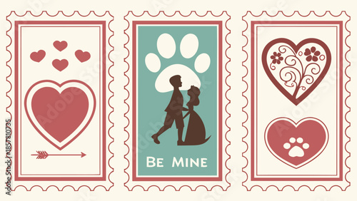 Three vintage postage stamps depict romantic hearts a paw print and a couple s affectionate moment in silhouette