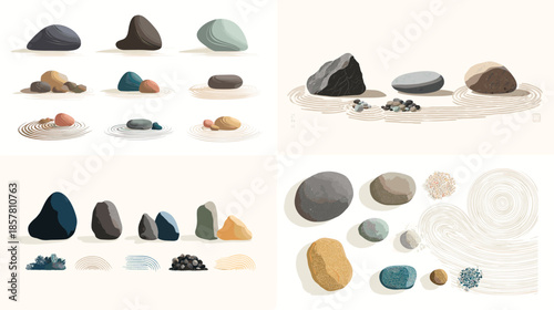 Illustration set of rocks and stones in different sizes textures and colors suitable for geology education landscape design games and natural environment visual assets