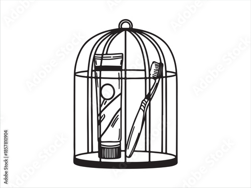 Illustrated birdcage with toothbrush and toothpaste inside