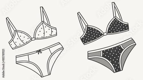 an illustrative depiction of a polka dot bikini and matching bottoms in a disassembled layout silhouette