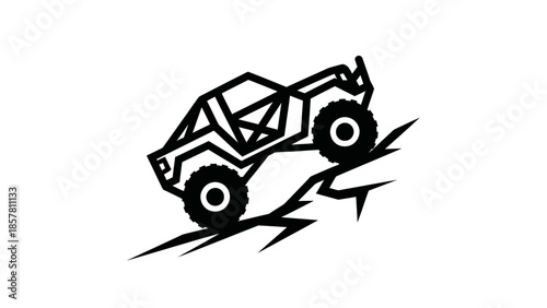 Off-road buggy climbing a cracked terrain black and white line art illustration.