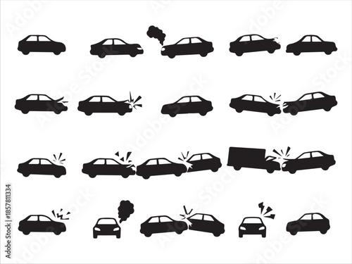 Collection of car accident icons in black and white