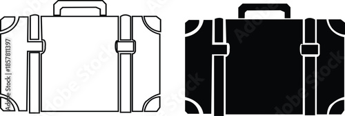 Black travel bag icon set in flat and line style, luggage symbol collection featuring backpacks, suitcases and trolley group, minimal monochrome baggage vector illustration pack with synonym elements