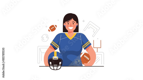 Smiling female football player with helmet and footballs in sports illustration