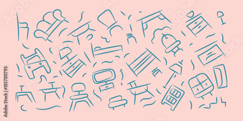 Whimsical hand drawn furniture doodle pattern with line art sketches of home decor elements