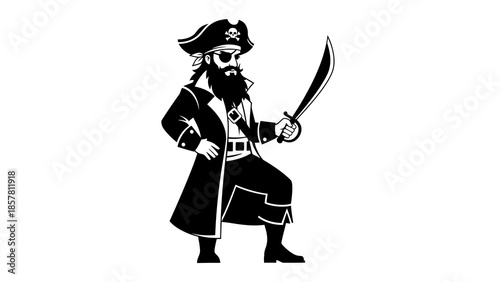 Black and White Pirate Illustration with Sword and Hat