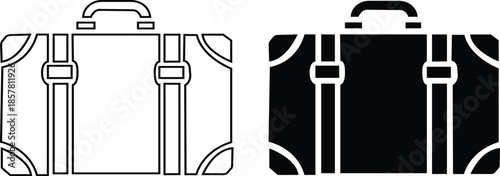 Black travel bag icon set in flat and line style, luggage symbol collection featuring backpacks, suitcases and trolley group, minimal monochrome baggage vector illustration pack with synonym elements