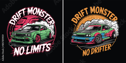 Two vibrant illustrations featuring modified drift monsters executing dramatic tire smoke maneuvers on a dark background