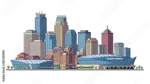 Modern city skyline with skyscrapers and urban stadium illustration