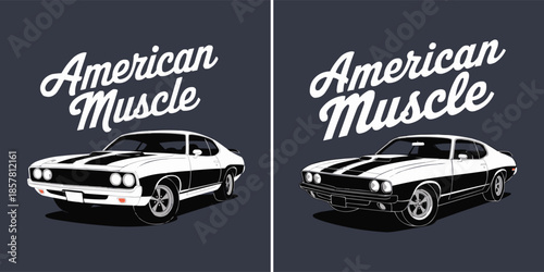 Vintage illustration of two classic american muscle cars featuring bold white and black graphics on a dark background