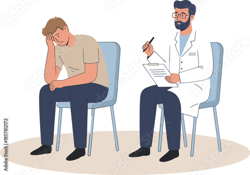 Doctor providing mental health counseling to depressed male patient illustration, professional psychological therapy consultation, emotional support concept, modern flat medical vector design,