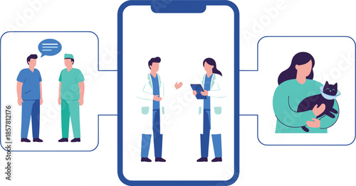 Telemedicine healthcare illustration showing doctors consulting via mobile app with patients and pet care, modern digital medical services