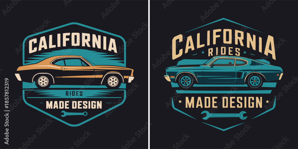 Obraz premium Vintage muscle car emblems featuring two distinct classic American coupes in bold retro graphic style