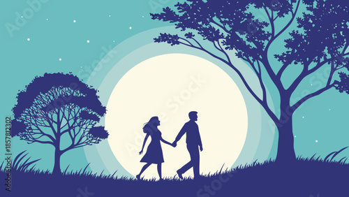 A romantic couple walking hand in hand against a large bright moon and trees a beautiful silhouette