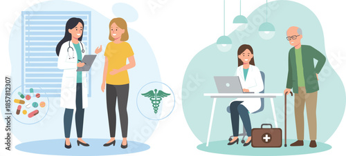 Medical consultation scenes illustration showing doctor patient discussion and elderly healthcare support, modern clinic services, professional medical teamwork, flat vector style