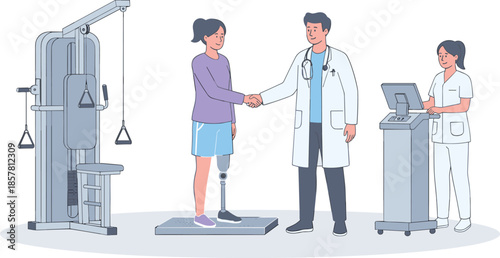 Physical therapy rehabilitation illustration with doctor and prosthetic leg patient, supportive healthcare teamwork in modern clinic, flat medical vector design