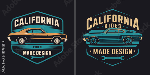 Vintage muscle car emblems featuring two distinct classic American coupes in bold retro graphic style