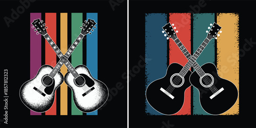 Two distinct graphic designs featuring crossed acoustic guitars displayed against colorful vertical retro stripe patterns for musical appreciation.