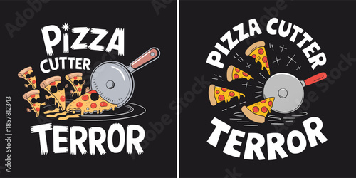 Hilarious cartoon graphic depicts pizza cutter terrorizing fleeing slices in a humorous food design concept